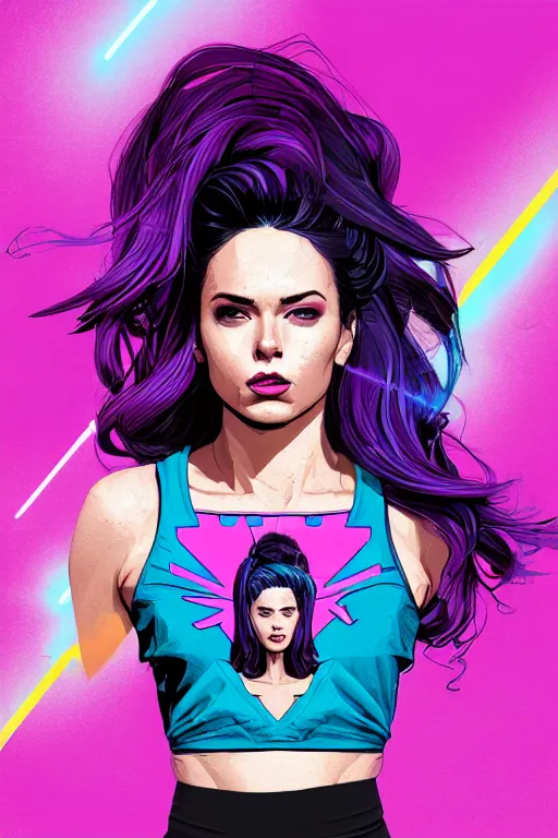 Image similar to a award winning half body porttrait of a beautiful woman in a croptop with ombre purple pink teal hairstyle with head in motion and hair flying by marvel comics and sandra chevrier, outrun, vaporware, illustration, digital art, trending on artstation, highly detailed, fine detail, intricate