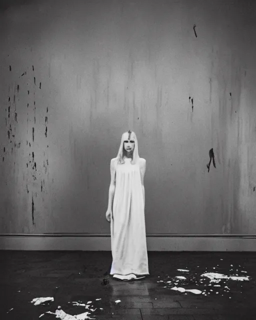 Prompt: a beautiful and eerie instant photo of a pretty young woman wearing a white dress standing in a vast and empty gallery with blood on the walls, and moonlight shining through the windows, something sinister is happening behind her