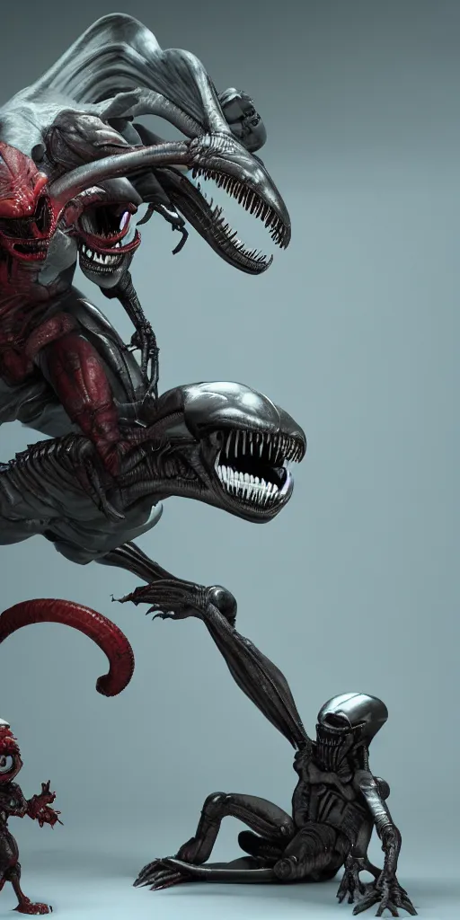 Image similar to baby predator vs baby xenomorph, 3 d rendered, 3 d rendering, dramatic lighting, unreal engine