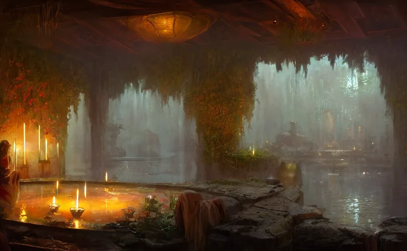 Prompt: painting of an interior of a hot spring with candles, fantasy, lush plants and flowers, natural light, concept art, by greg rutkowski and craig mullins, cozy atmospheric and cinematic lighting, trending on artstation