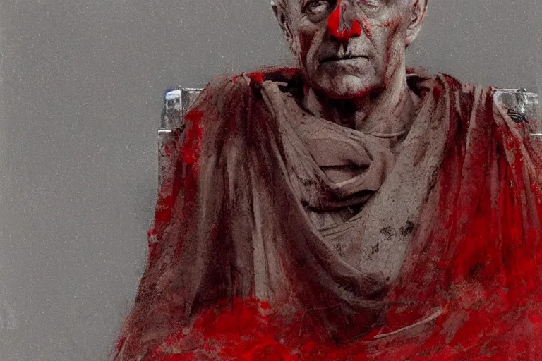 Image similar to the end is near. a tired julius caesar is sitting on his throne. face is highly detailed. splices of red are running down his toga. mist. color scheme red. low angle medium shot. imagined by jeremy lipking