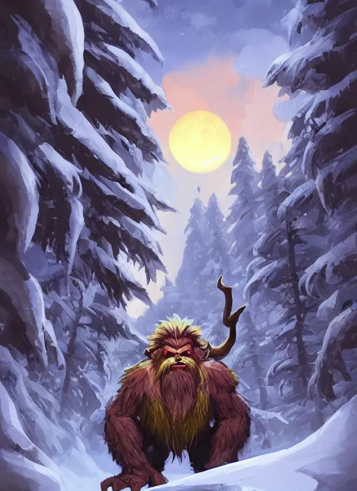 Image similar to giant muscular yeti monster with glowing yellow eyes and twisted horns towering over snow covered trees, highly detailed, digital painting, artstation, concept art, matte, sharp focus, illustration, dramatic, cinematic sunset, hearthstone, art by jesper ejsing, by rhads, makoto shinkai and lois van baarle, ilya kuvshinov, rossdraws