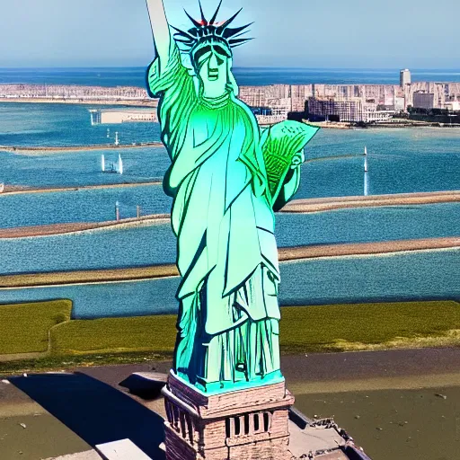 Prompt: photo of statue of liberty made of glass on bedloe's island overlooking the ocean