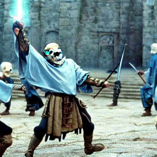 Prompt: a medieval man, with a light blue hood, kicking skeletons with swords, 1 9 9 1, movie still