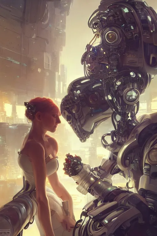 Image similar to Ultra realistic illustration,a robot and a woman are boyfriends, cyberpunk, sci-fi, fantasy, intricate, elegant, highly detailed, digital painting, artstation, concept art, smooth, sharp focus, illustration, art by artgerm and greg rutkowski and alphonse mucha