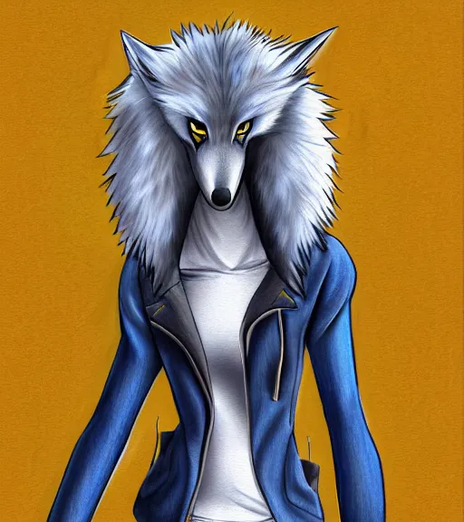 Image similar to expressive stylized master furry artist digital colored pencil painting full body portrait character study of the sergal fox fursona animal person wearing clothes jacket and jeans by master furry artist blotch