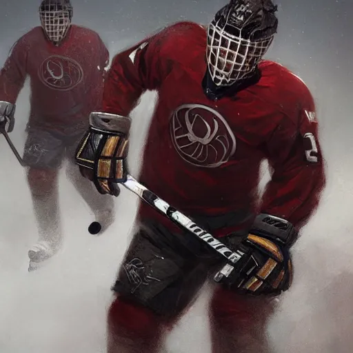 Prompt: hockey player, intricate, sharp focus, illustration, highly detailed, digital painting, concept art, matte, art by ruan jia and wlop and greg rutkowski, masterpiece
