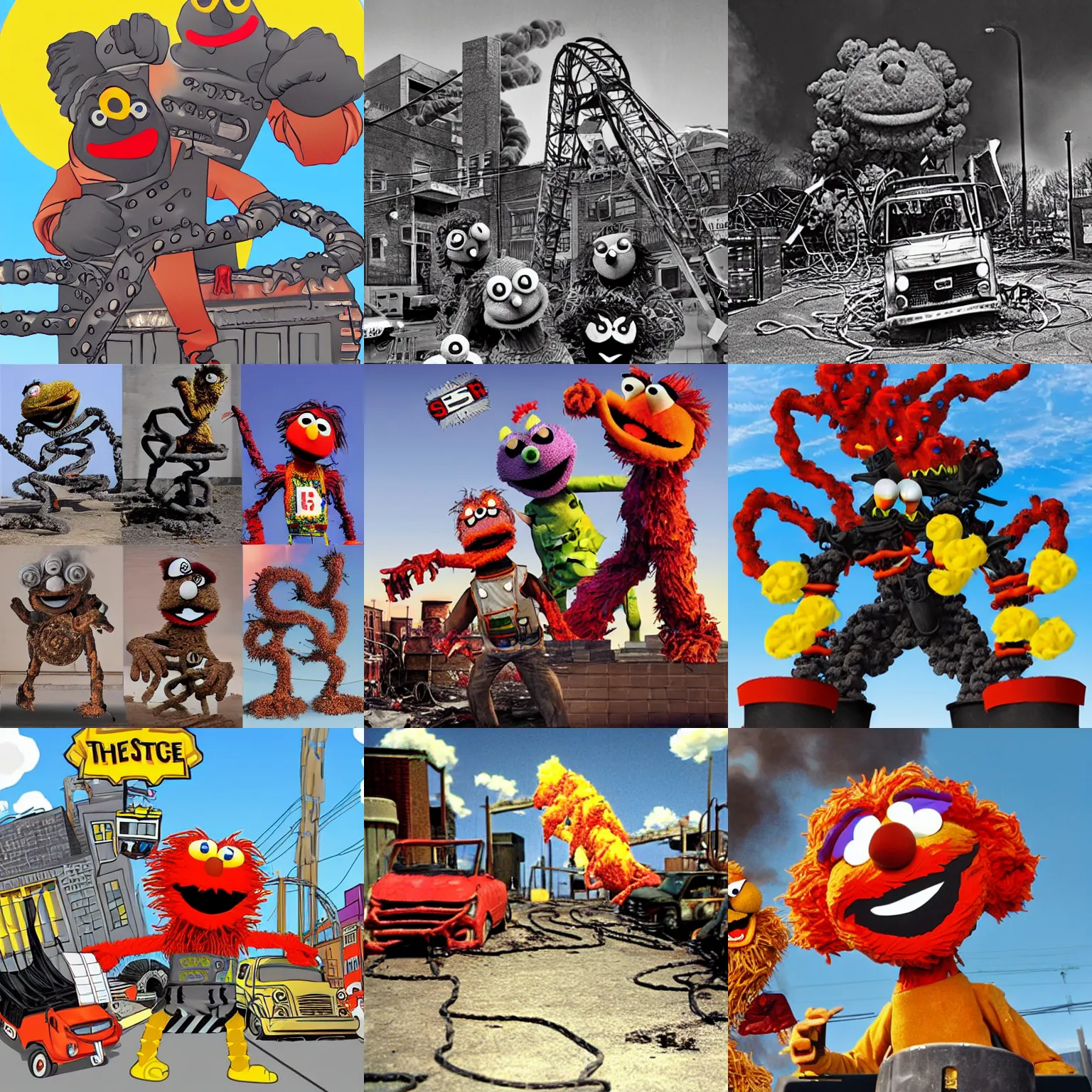 Prompt: twisted metal rising from nuclear ash in the style of sesame street