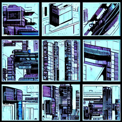 Image similar to cyberpunk physics, grid of square panels, comic style
