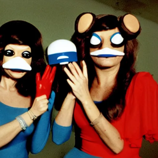 Prompt: 1978 twin women on tv show wearing an inflatable mask with a long prosthetic nose and googly eyes, wearing a leotard on the dancefloor 1978 technicolor archival footage color film 16mm holding a hand puppet Fellini Almodovar John Waters Russ Meyer Doris Wishman