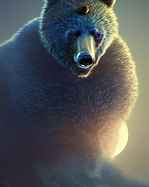 Image similar to highly detailed surreal vfx portrait of a metallic chromatic samurai bear in front of a full moon, stephen bliss, unreal engine, greg rutkowski, loish, rhads, beeple, makoto shinkai and lois van baarle, ilya kuvshinov, rossdraws, tom bagshaw, alphonse mucha, global illumination, detailed and intricate environment