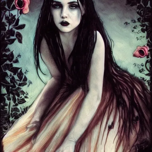 Image similar to young innocent jennifer connelly as innocent gothic beauty with black feathers instead of hair, eyes closed, sad, feathers growing out of skin, in feminine bedroom full of collectible dolls, romantic, comic book cover, vivid, beautiful, illustration, highly detailed, rough paper, dark, oil painting