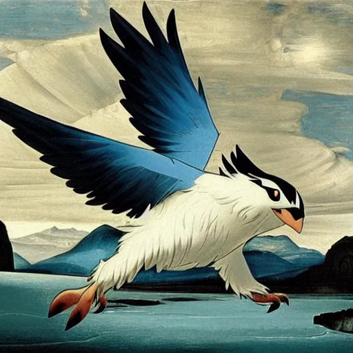 Prompt: Pokemon Articuno flying above a frozen lake painted by Caravaggio. High quality.