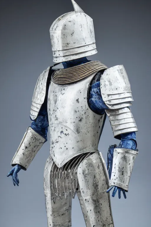 Prompt: Studio photograph of a suit of armor made of white porcelain with blue trim. 8k.