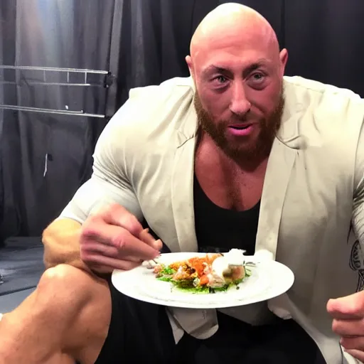 Prompt: WWE's Ryback eating a delicious plate of Ryback backstage at an AEW event.