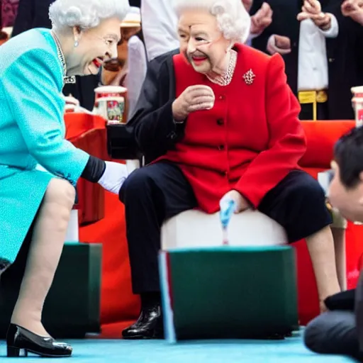 Image similar to photo of the Queen of England body slamming Xi Jinping while Justin Trudeau eats popcorn,