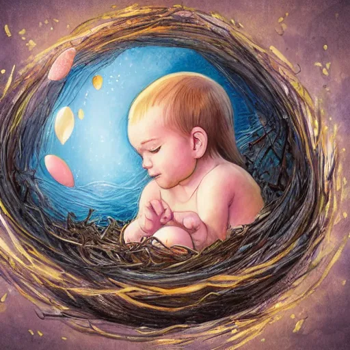 Image similar to baby mermaid next to a cracked egg in a nest, realistic, high detailed, fantasy art