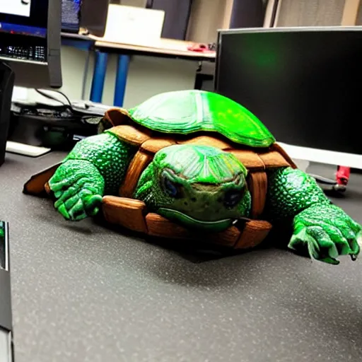 Image similar to terrifying systems administrator mutant turtles building pcs