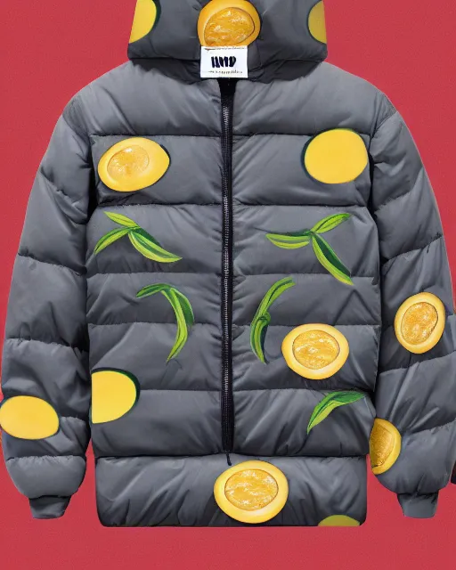 Image similar to a puffy and oversized winter jacket mango fruit jacket, concept, virgil abloh, wes anderson, ilya kuvshinov, photorealistic, artstatio, high fashion, modern