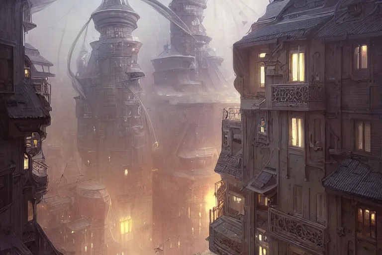 Image similar to It’s dreamy on the streets of Russian panel houses quarters on the Moon city, Norilsk, sci-fi, fantasy, intricate, very very beautiful, elegant, highly detailed composition, digital painting, artstation, concept art, smooth, sharp focus, illustration, art by artgerm and greg rutkowski and alphonse mucha