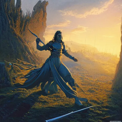 Image similar to epic beautiful young warrior maiden fighting against injustice under ritual lit night Micheal Whelan, Jeff Easley photorealistic, cinematic, fantastic reality, detailed, intricate dramatic lighting, establishing shot, 8k resolution – W 1024