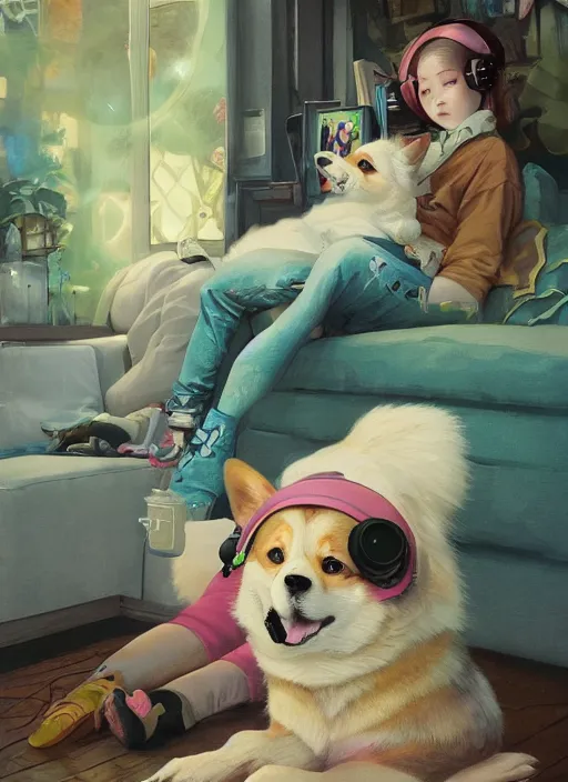 Prompt: beautiful fantasy painting of a Hiphop Lofi teenage queen and corgi chilling to music, by Kenne Gregoire, James Jean, Tran Nguyen, WLOP, Jakub Rebelka. trending on Artstation, 8k, masterpiece, face enhance, graffiti paint, fine detail, full of color, intricate detail, golden ratio illustration