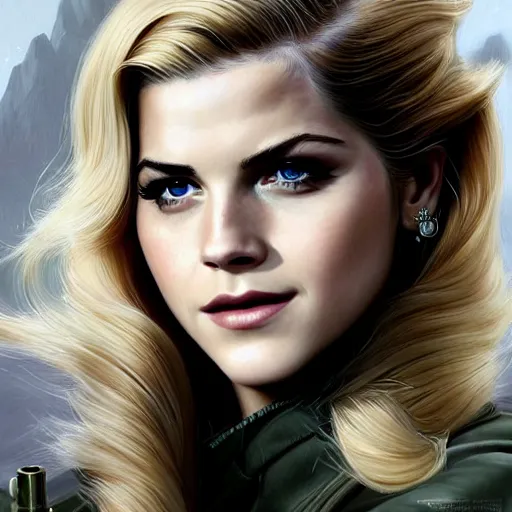 Image similar to A combination of Katheryn Winnick's and Grace Kelly's and Emma Watson's faces with blonde hair as Solid Snake from Metal Gear Solid, western, D&D, fantasy, intricate, elegant, highly detailed, digital painting, artstation, concept art, matte, sharp focus, illustration, art by Artgerm and Greg Rutkowski and Alphonse Mucha