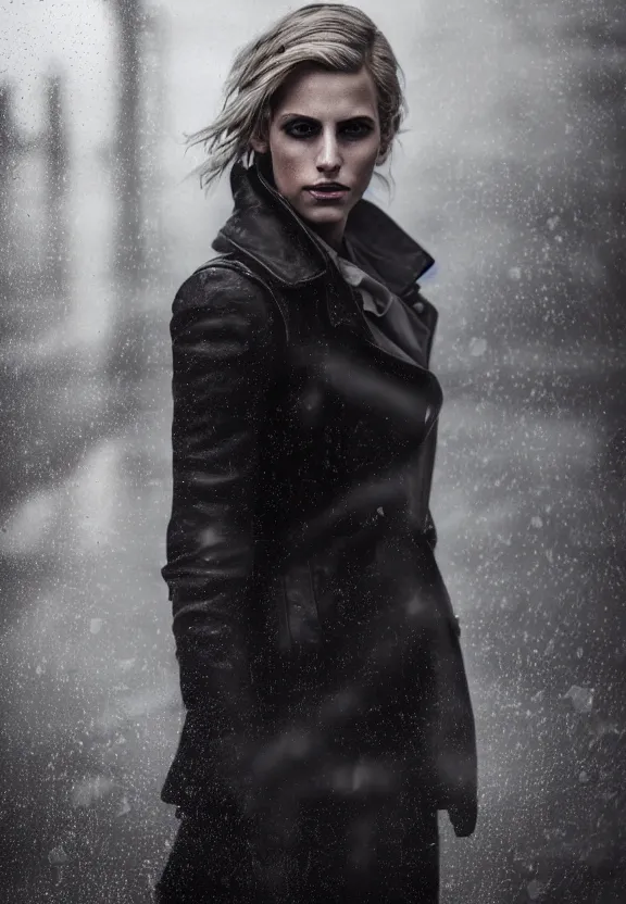 Image similar to cosmopolitan model annie leonhart posing in dunwall city, beautiful face, detailed face, realistic eyes, cinematic lighting, rainy weather, melancholy atmosphere, volumetric light, gothic architecture, realistic reflections, model agency, instagram photo, depression atmosphere, shot on sony a 7, beauty filter, postprocessing