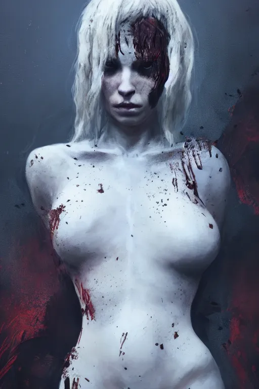 Image similar to A portrait of a monstrous women cuts all over her body by Greg Rutkowski, Sung Choi, Mitchell Mohrhauser, Maciej Kuciara, Johnson Ting, Maxim Verehin, Peter Konig, Bloodborne, 8k photorealistic, cinematic lighting, HD, high details, dramatic, dark atmosphere, trending on artstation