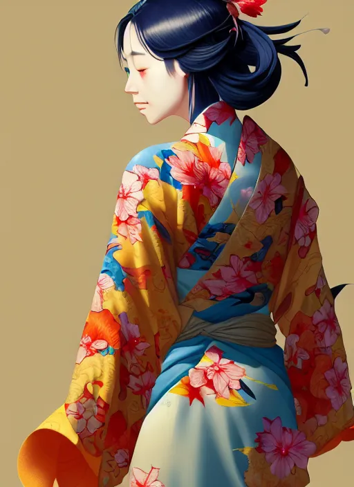 Prompt: woman in a kimono, backview, vibrant colors, ( ( ( koi colors ) ) ), octane render, jesper ejsing, james jean, justin gerard, tomasz alen kopera, cgsociety, fenghua zhong, makoto shinkai, highly detailed, rim light, art, cinematic lighting, very coherent, hyper realism, 8 k