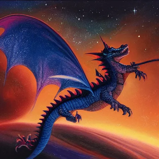 Image similar to A beautiful illustration of a dragon in space by Justin Gerard. The dragon is in the foreground with its mouth open, revealing rows of sharp teeth. Its body is coiled and ready to strike, and its tail is wrapped around a star in the background. The colors are bright and the background is full of stars and galaxies. The overall effect is one of chaotic energy and movement. metaphysical painting by Pete Turner realistic, ornate