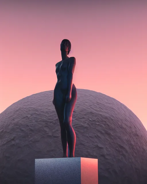 Image similar to a cgsociety render of a foreground woman standing in front of a background huge statue, a screenshot by stanley twardowicz, cgsociety, aestheticism, aesthetic, vaporwave, anime aesthetic