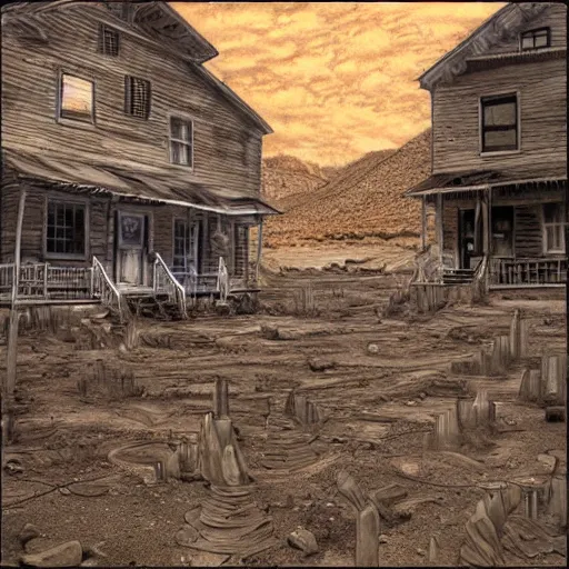 Image similar to western ghost town with creepy ghosts, art by alan bean