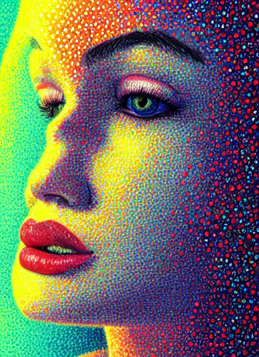 Prompt: a beautiful detailed pointillism art illustration of a girl in the face biting her lip, centered, by alberto santiago and moebius, trending on artstation, vivid colors, dim dusk lighting, cinematic lighting, detailed lighting, volumetric lighting, realistic, f 8, 4 k hd wallpaper