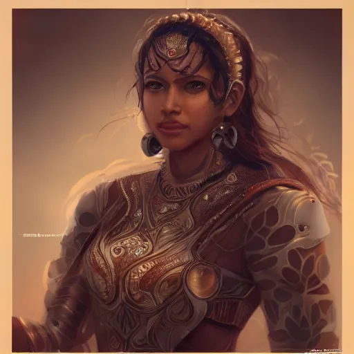 Prompt: a brown south asian woman wearing a butterfly armor. fragile. translucent. layers. reflective. intricate. super detailed. very coherent. face in focus. award winning. trending on artstation