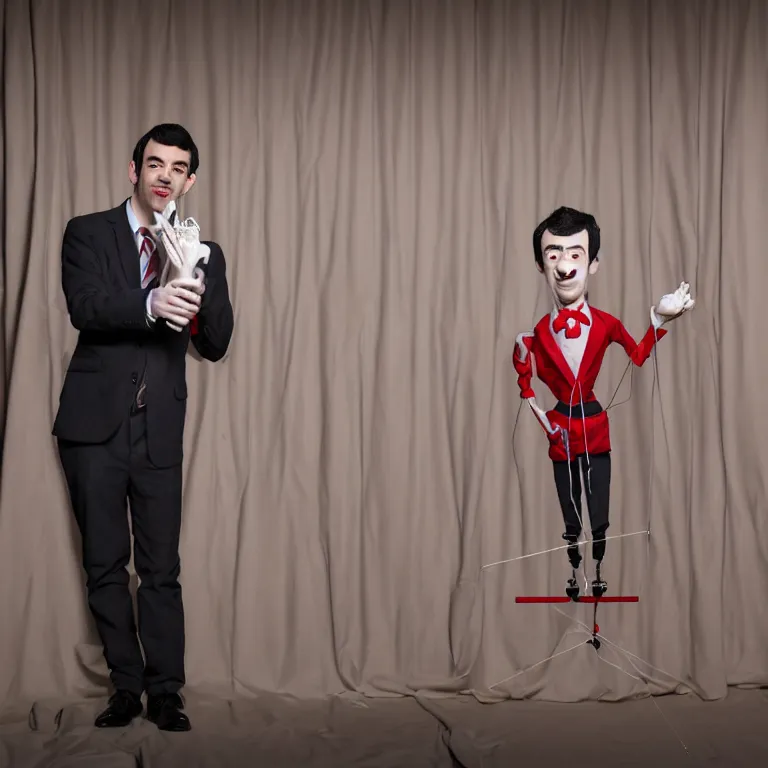 Prompt: dslr photograph of nathan fielder from nathan for you on comedy central behind a puppet stage with a red curtain as multiple marionette puppets controlled by hands holding the strings, high detail!!! 8 k photorealism sharp focus volumetric lighting, coherent!!! art directed, rule of thirds