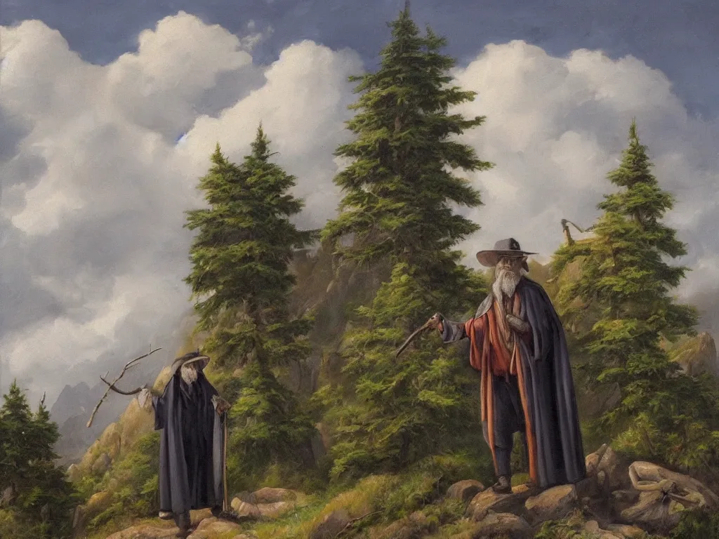 Image similar to a man in a grey cloak and brimmed hat with a staff travelling trough the mountains with trees, very detailed, colorful, oil painting, clouds, old man, alone, ravens