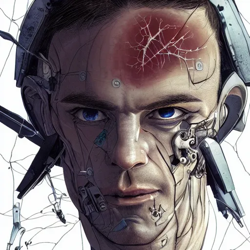 Prompt: Male cyborg, battle-damaged, scarred, handsome face, bored expression, heterochromia, messy hair, symmetrical features, medical background, headshot, sci-fi, bio-mechanical, wires, cables, gadgets, Digital art, detailed, anime, artist Katsuhiro Otomo