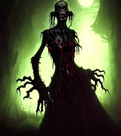 Image similar to gothic necrolord female with zombie servents, digital painting, liminal eerie midnight backlit, a picture taken by Michael Komarck and Daniel Ljunggren