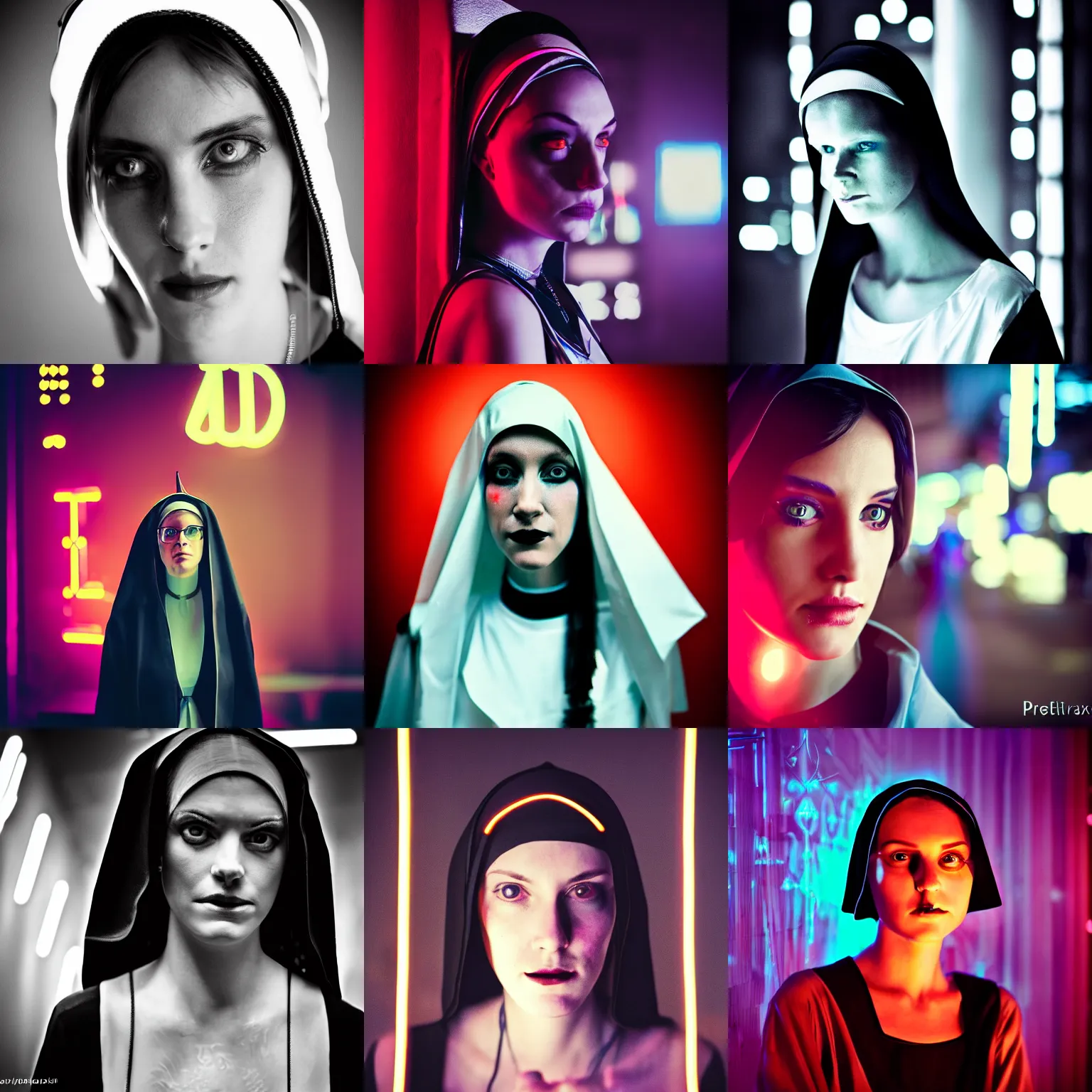 Prompt: portrait of a pretty intriguing cyberpunk nun girl looking piously at camera. neon lights, Bokeh, Graflex, by Petra Eriksson