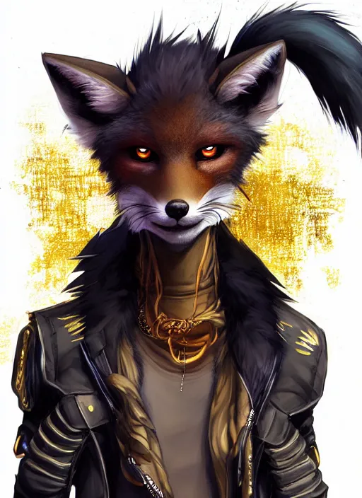 Image similar to award winning beautiful portrait commission of a male furry anthro melanated fox fursona with a tail and a cute beautiful attractive detailed furry face wearing stylish black and gold cyberpunk clothes in a cyberpunk city at night while it rains. Character design by charlie bowater, ross tran, artgerm, and makoto shinkai, detailed, inked, western comic book art