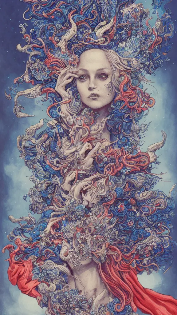 Image similar to french cannabis world, trychome crystals, ethereal atmosphere la liberté guidant le peuple, detailed linework, red white and blue colours, cinematic, psychedelic, black paper, ornate, tarot card, highly detailed, ink illustration, style of peter mohrbacher, golden ratio, 8k