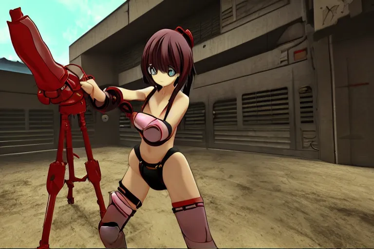 Image similar to an anime girl in a screenshot of the video game doom, the anime girl is crouching