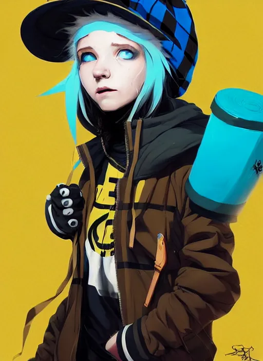 Image similar to highly detailed portrait of a sewer punk lady student, blue eyes, tartan hoody, hat, white hair by atey ghailan, by greg tocchini, by jesper ejsing, gradient yellow, black, brown and cyan color scheme, grunge aesthetic!!! ( ( graffiti tag wall ) )