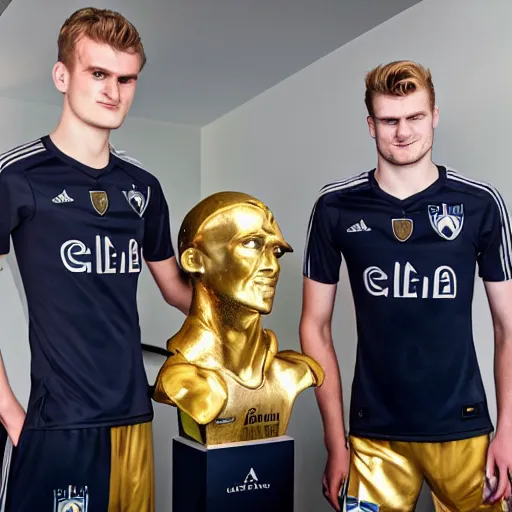 Image similar to a realistic detailed photo of a guy who is an attractive humanoid who is half robot and half humanoid, who is a male android, soccer players martin ødegaard & timo werner, shiny skin, posing like a statue, blank stare, in a living room, on display, showing off his muscles, gold soccer shorts, no jersey, statue, many copies of them