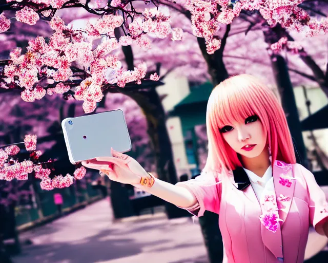 Image similar to selfie of an japanese gyaru with beautiful face and modern clothes, sakura blooming in the background, bokeh, depth of field, dramatic lighting, cinematic, vivid colors, matte painting, vivid color scheme, trending on artstation, unreal engine