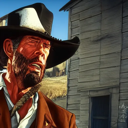 Prompt: a cowboy at high noon in the style of red dead redemption, lucky luke, the good, the bad and the ugly, clint eastwood, steven seagal, bud spencer, donald trump, glory days, patriotism