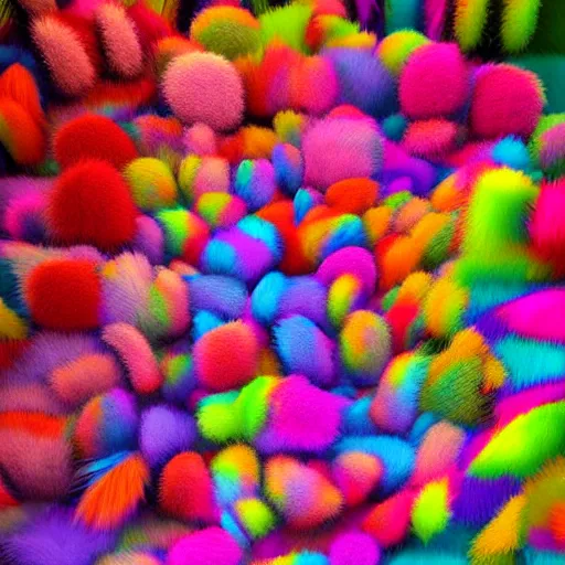 Prompt: colorful abstract fuzzy sculpture art on the wall in modern architecture art studio soho new york, cinematic lighting, hyper - realistic, detailed, render by c 4 d octane, unreal engine, 8 k, 3 d render n - 9