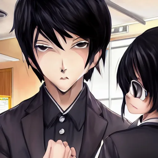 Image similar to aloof anime man with black emo hair wearing baggy shorts, standing in headmistress's office, smug grin, smug expression, punchable expression, punchable face, he's a jerk, sharp details, subsurface scattering, intricate details, art by artgerm, anime, anime hd wallpaper, 2 0 1 9 anime screenshot