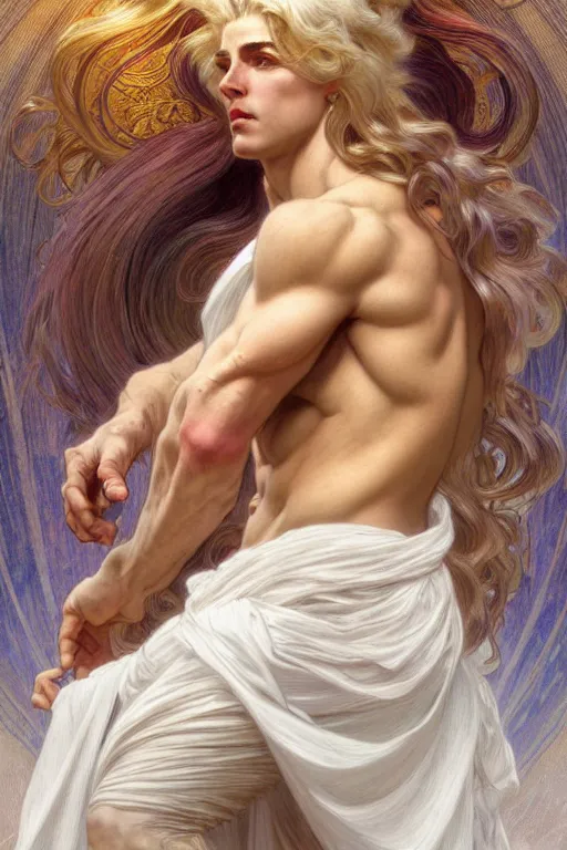 Image similar to painted portrait of god of the universe, divine god, white hair, muscular, invincible, beautiful, upper body, white robe, fantasy, intricate, elegant, highly detailed, digital painting, artstation, concept art, smooth, sharp focus, illustration, art by gaston bussiere and alphonse mucha